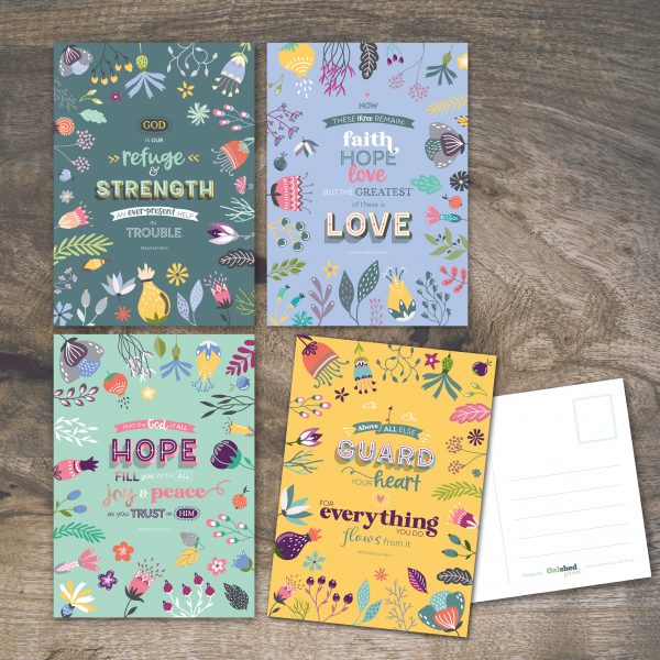 Pack of 4 encouragement Bible verse A6 postcards (floral)